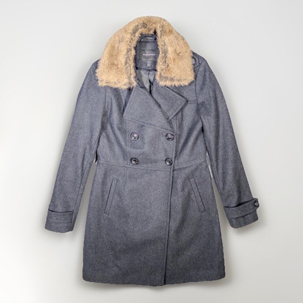Banana Republic Wool Coat Women's Faux Fur Collar Black Medium